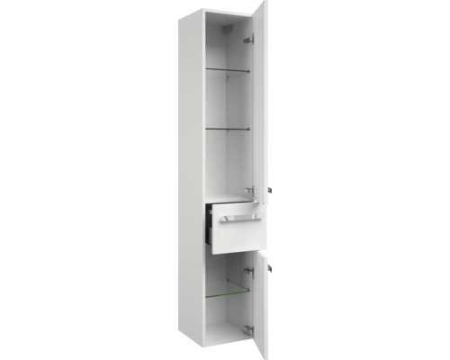 Vysoká skrinka so zásuvkou a sklenenými policami do kúpeľne