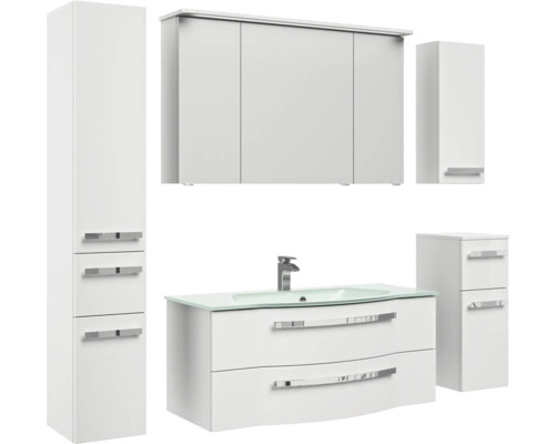 Biela zostava kúpeľňového nábytku s umývadlovou skrinkou, zrkadlovou skrinkou a vysokými skrinkami