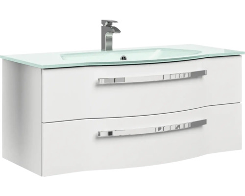 Skrinka pod umývadlo s dvoma zásuvkami, sklenené umývadlo a vodovodná batéria