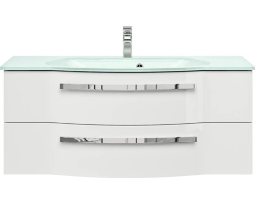 Skrinka pod umývadlo s dvoma zásuvkami a skleneným umývadlom