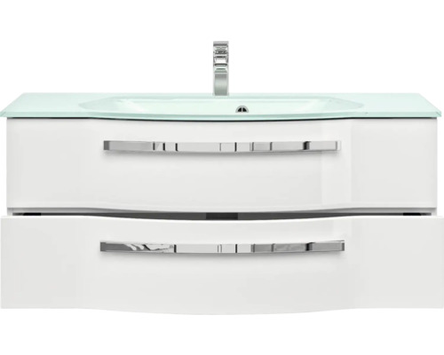 Skrinka pod umývadlo s dvomi zásuvkami a skleneným umývadlom