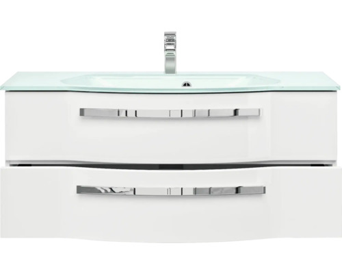 Skrinka pod umývadlo s dvomi zásuvkami a skleneným umývadlom