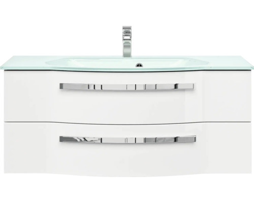 Skrinka pod umývadlo s dvomi zásuvkami a skleneným umývadlom