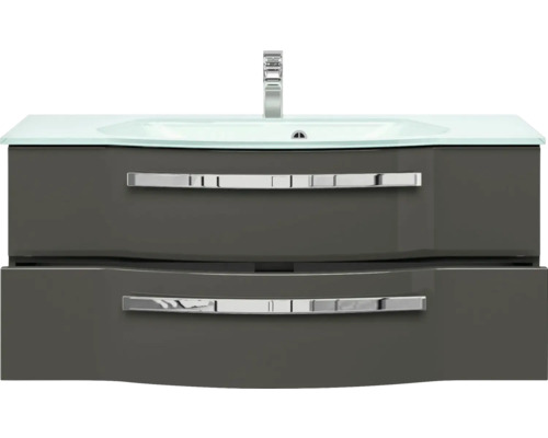 Skrinka pod umývadlo s dvoma zásuvkami, sklenené umývadlo a batéria