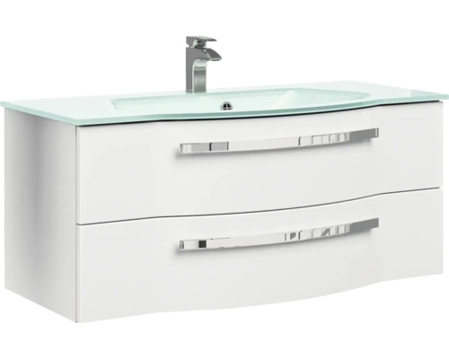 Biela skrinka pod umývadlo s dvoma zásuvkami, sklenené umývadlo na dosku a vodovodná batéria