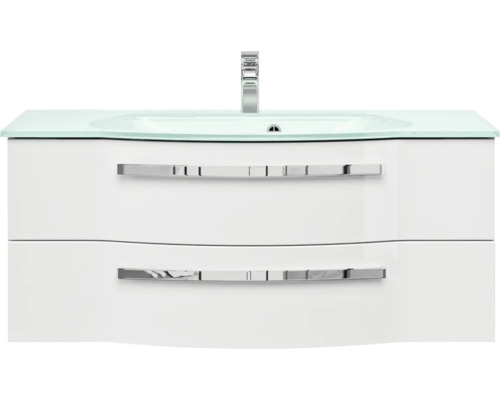 Skrinka pod umývadlo so skleneným umývadlom a armatúrou