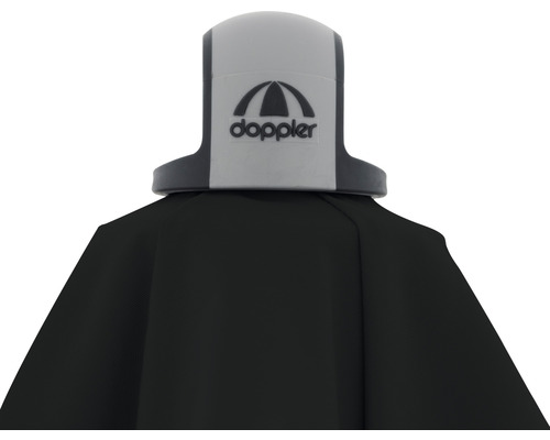 Detailný pohľad na čierny dáždnik Doppler s logom Doppler