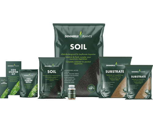 Produkty na výsadbu akvárií Dennerle Plants vrátane substrátu, podkladu a hnojív
