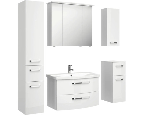 Súprava kúpeľňového nábytku s umývadlom, zrkadlovou skrinou, vysokou skriňou a bočnou skriňou do kúpeľne