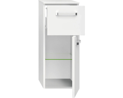 Biela kúpeľňová vysoká skrinka so zásuvkou a dvierkami