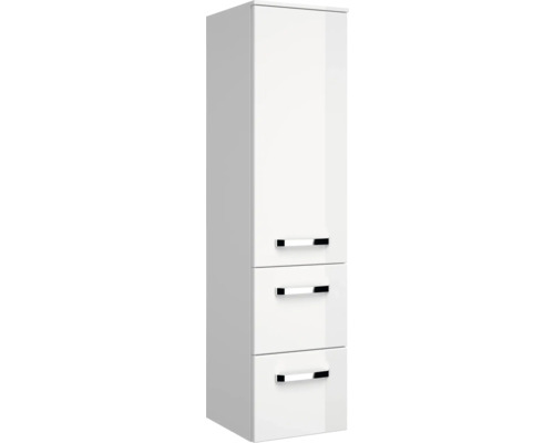 Biela vysoká kúpeľňová skrinka s tromi zásuvkami a úchytkami.