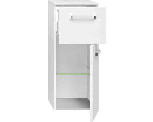 Biela závesná kúpeľňová skrinka so zásuvkou a sklenenou policou