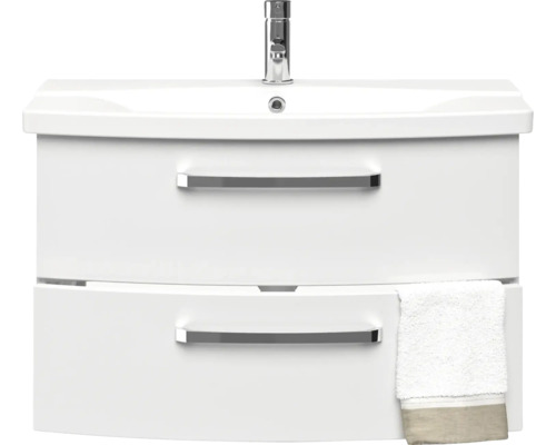 Biela umývadlová skrinka s dvomi zásuvkami a uterákom
