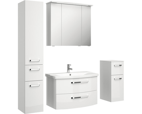 Biela kúpeľňová nábytková zostava so zrkadlovou skriňou, umývadlovou skrinkou, umývadlom a skriňami