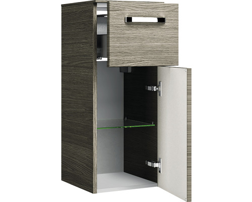 Vysoká skrinka so zásuvkou a dvierkami a sklenenou policou