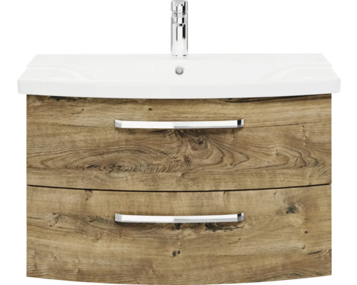 Skrinka pod umývadlo s umývadlom a dvoma zásuvkami vo vzhľade dreva