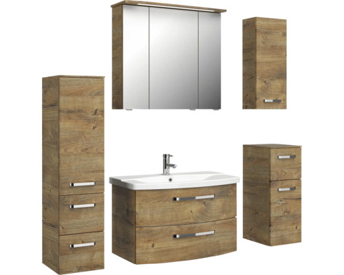 Súprava kúpeľňového nábytku so zrkadlovou skriňou, skrinkou pod umývadlo a vysokými skrinkami