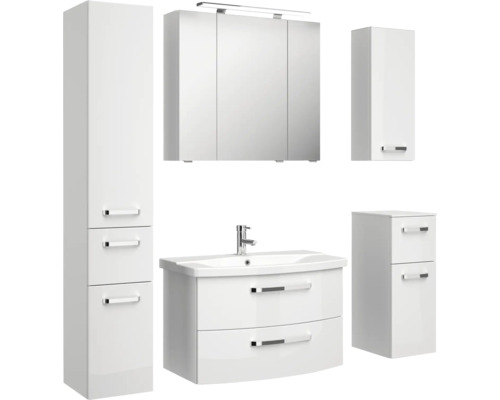 Biela kúpeľňová zostava s umývadlom, zrkadlovou skrinkou, závesnou skrinkou a vysokou skrinkou