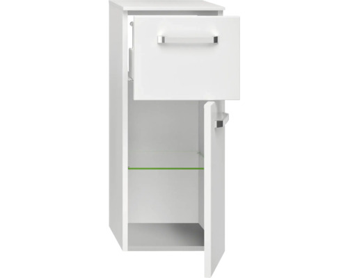 Biela kúpeľňová skrinka s otvorenými dverami a zásuvkou