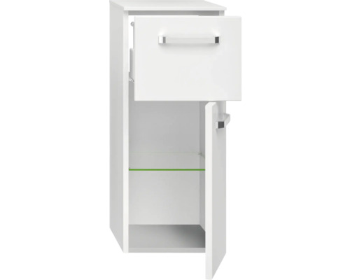 Otvorená biela kúpeľňová skrinka pod umývadlo so zásuvkou a policou.