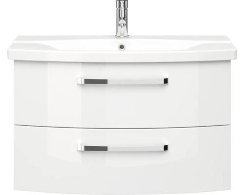 Biela skrinka pod umývadlo s dvomi zásuvkami a vodovodnou batériou