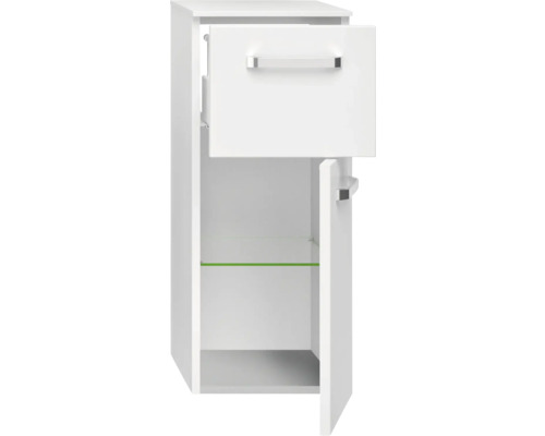 Biela kúpeľňová skrinka s jedným zásuvkou a jednými dvierkami, so sklenenou policou