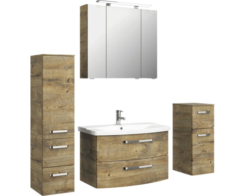 Súprava kúpeľňového nábytku s umývadlom, zrkadlovou skriňou, vysokou skriňou a spodnou skriňou
