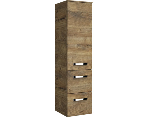 Vysoká skrinka s tromi zásuvkami v drevenom dizajne do kúpeľne