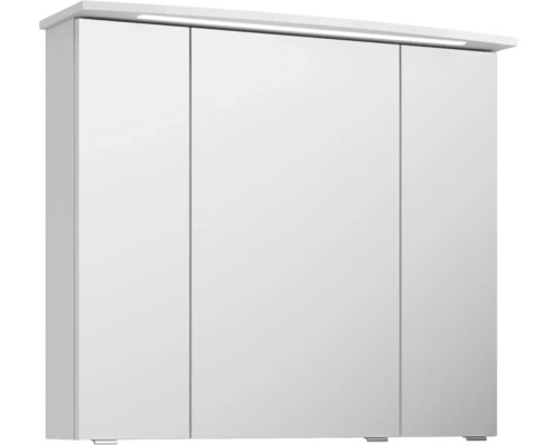 Biela zrkadlová skrinka s tromi dvierkami a integrovaným osvetlením do kúpeľne