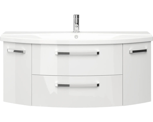 Biela skrinka pod umývadlo s dvomi zásuvkami a umývadlom na dosku