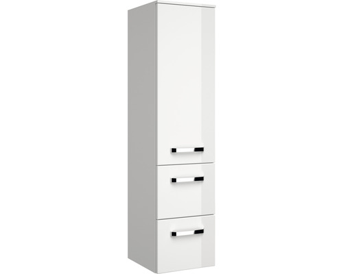 Závesná kúpeľňová skrinka s vysokým leskom, jednými dvierkami a tromi zásuvkami