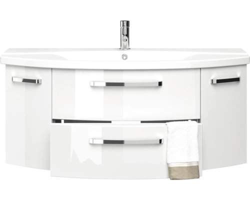 Biela skrinka pod umývadlo so zásuvkami a uterákom