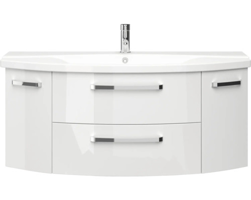 Biela skrinka pod umývadlo s dvomi zásuvkami a vodovodnou batériou