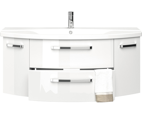 Biela skrinka pod umývadlo s dvoma zásuvkami, umývadlom a batériou