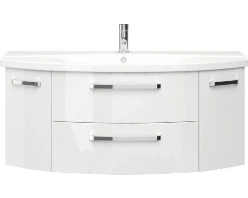 Biela skrinka pod umývadlo s dvomi zásuvkami a umývadlom na dosku vrátane batérie.