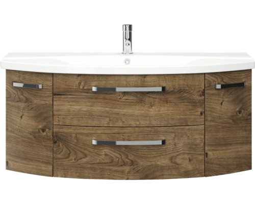 Skrinka pod umývadlo s umývadlom a dvoma zásuvkami vo vzhľade dreva