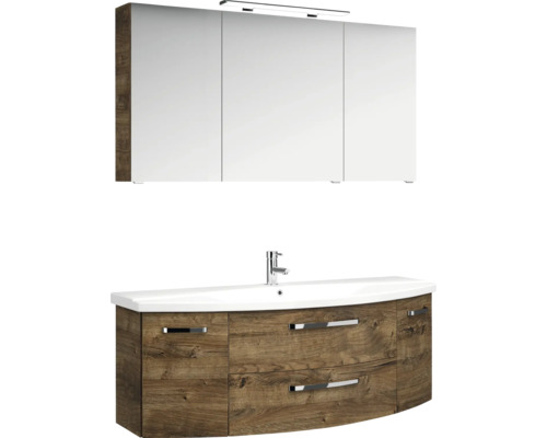 Súprava kúpeľňového nábytku so zrkadlovou skrinkou, umývadlom a spodnou skrinkou vo vzhľade dreva