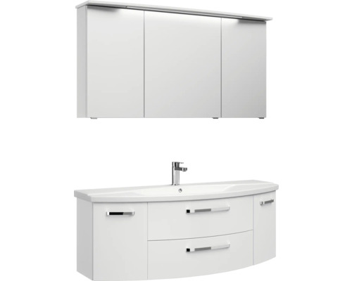 Biela skrinka pod umývadlo s umývadlom na dosku a zrkadlová skrinka