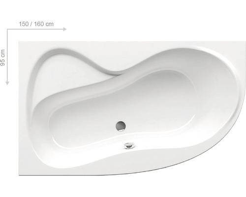 Pohľad zhora na asymetrickú vaňu s rozmermi 150 až 160 krát 95 centimetrov.