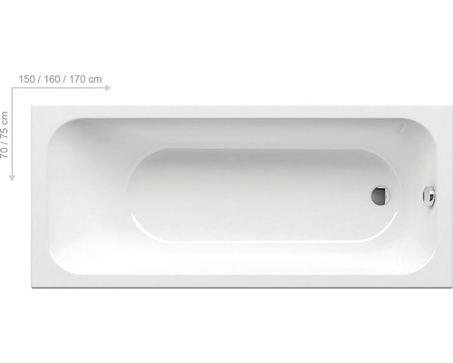 Obdĺžniková vaňa s rozmermi 150 až 170 krát 70 až 75 centimetrov.