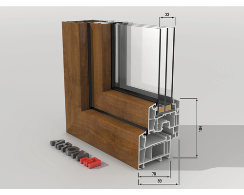 Priečny rez okna s rozmermi.