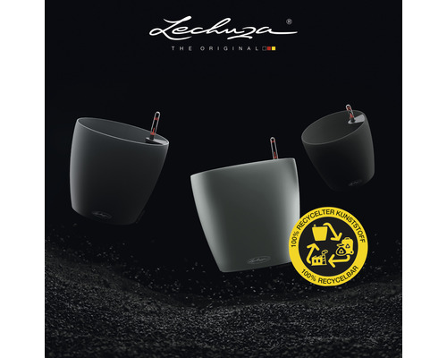 Tri kvetináče Lechuza a logo pre recyklovaný plast.