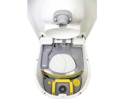Prenosná toaleta s otvoreným vekom pre zobrazenie interiéru.