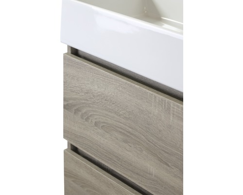 Skrinka pod umývadlo s dvomi zásuvkami a drevenou štruktúrou