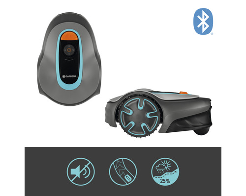 Robotická kosačka Gardena v dvoch pohľadoch a symbol Bluetooth