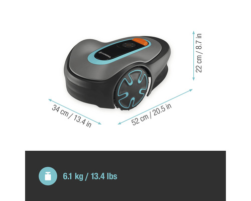 Robotická kosačka Gardena s rozmermi 34 cm x 52 cm x 22 cm a hmotnosťou 6,1 kg.