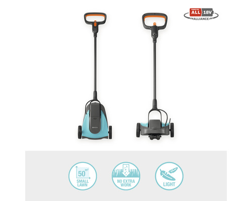 Dva pohľady na akumulátorový vyžínač Gardena pre malé trávniky