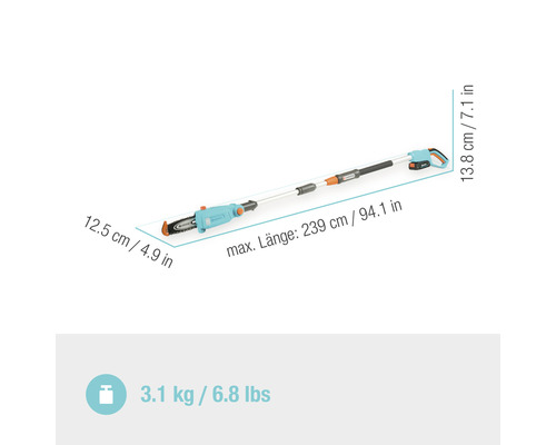 Akumulátorová tyčová píla Gardena s rozmermi