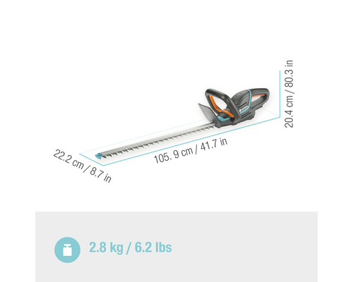 Akumulátorové nožnice na živý plot Gardena s rozmermi