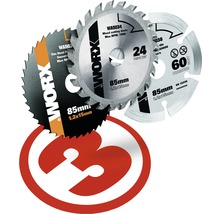 Logo Worx s tromi rôznymi pílovými kotúčmi na drevo, tenké plechy a dlaždice, priemer 85 mm